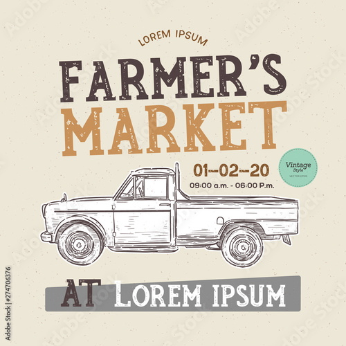Farm fresh delivery design template. Classic vintage pickup truck. hand draw sketch vector.