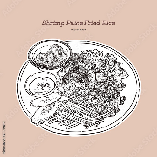 thai fried rice with shrimp paste, khao kluk kapi. Hand draw sketch vector.
