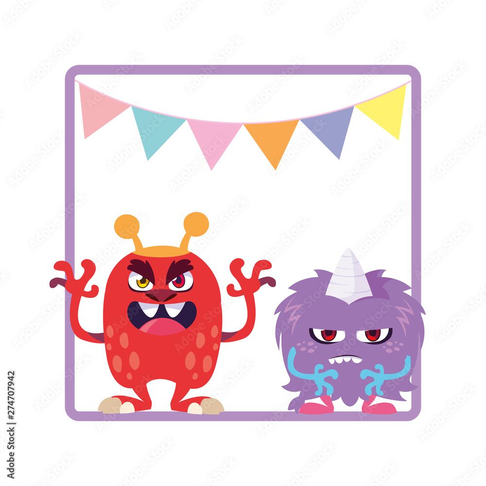 square frame with funny monsters and garlands hanging square frame with funny monsters and garlands hanging