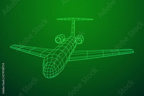 Private Jet Plane Abstract polygonal wireframe business luxury twin engine airplane. Travel aircraft, tourism and vacation concept. Wireframe low poly mesh vector illustration photo