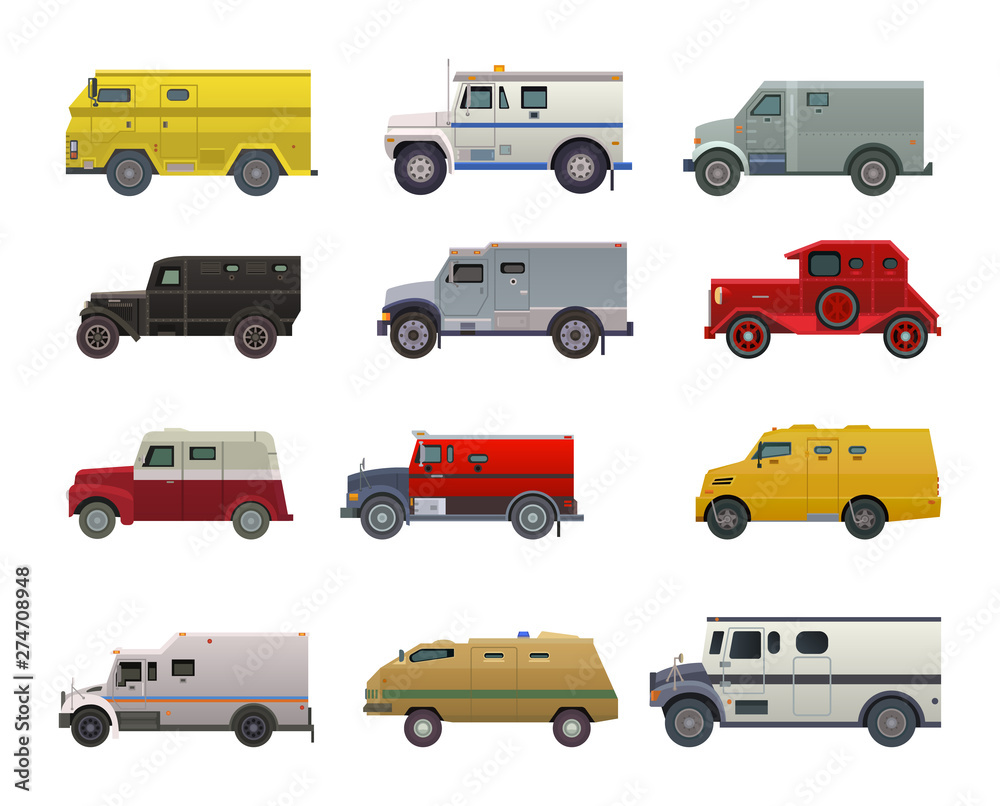 Armored money carrier vehicle vector bank van transport car side view illustration armor transportation set of minivan truck with money security guard character isolated on white background Armored money carrier vehicle vector bank van transport car side view illustration armor transportation set of minivan truck with money security guard character isolated on white background