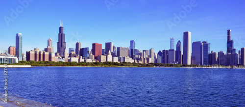 City Skyline with high rise buildings and skyscrapers in Chicago Illinois, USA