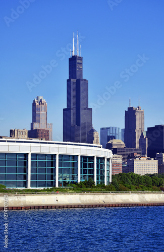 City Skyline with high rise buildings and skyscrapers in Chicago Illinois, USA