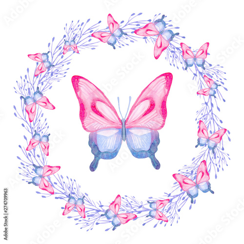 Cartoon watercolor illustration. Template for postcard, poster, invitation. Cute hand-drawn blue, pink butterfly in a wreath isolated on a white background. ©  OllyKo