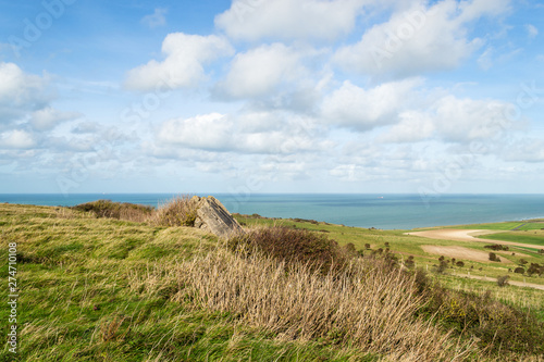 Panorama en haut du cap Blanc Nez, prairies et brousailles sous le vent. Escalles