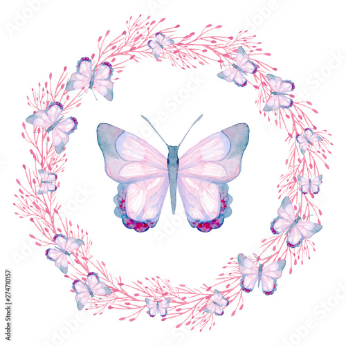 Cartoon watercolor illustration. Template for postcard, poster, invitation. Cute hand-drawn pink butterfly in a wreath isolated on a white background.