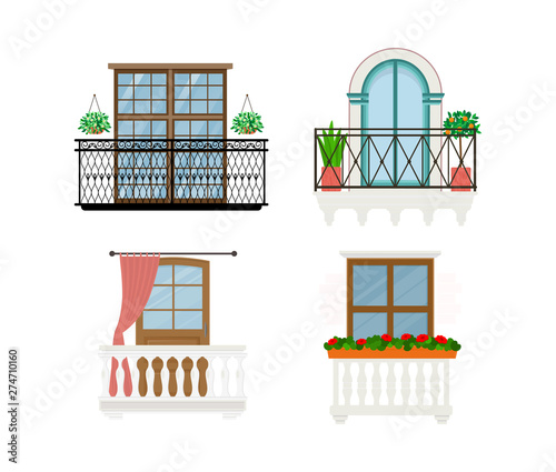 Balcony vector vintage balconied railing windows facade wall of building illustration set of beautiful architecture decor window-pane facade isolated on white background photo