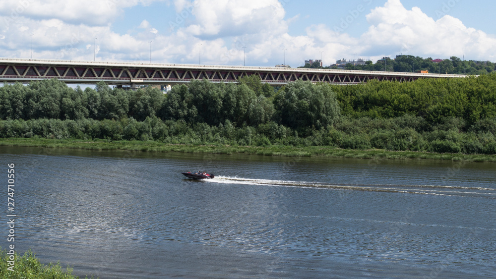 Obraz premium river, bridge, cutter, trees