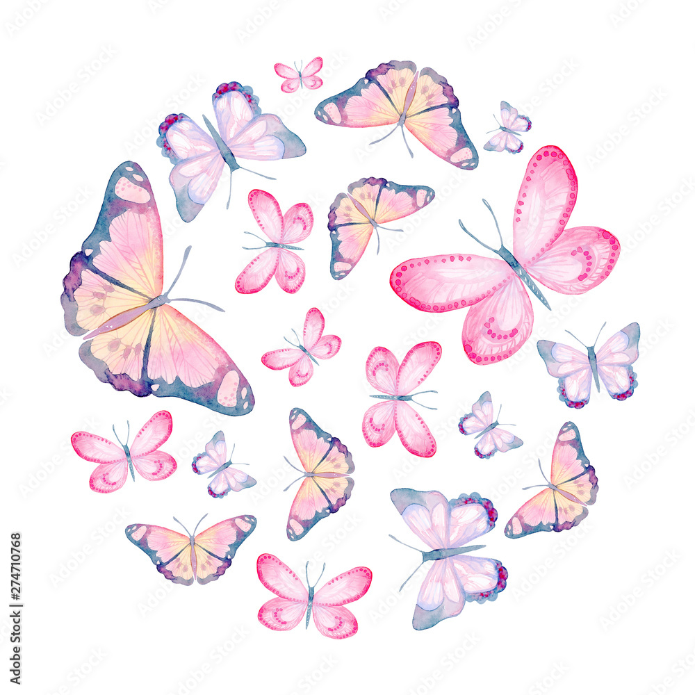 Cartoon watercolor illustration. Template for postcard, poster, invitation. Cute hand-drawn purple, yellow, pink butterflies in a circle isolated on a white background.