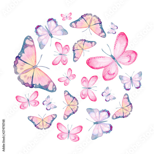 Cartoon watercolor illustration. Template for postcard, poster, invitation. Cute hand-drawn purple, yellow, pink butterflies in a circle isolated on a white background. ©  OllyKo