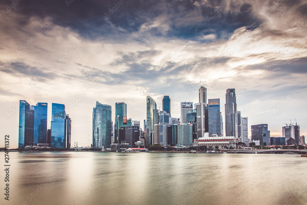 SINGAPORE, SINGAPORE - MARCH 2019: Downtown core skyscrapers by Marina Bay in Singapore