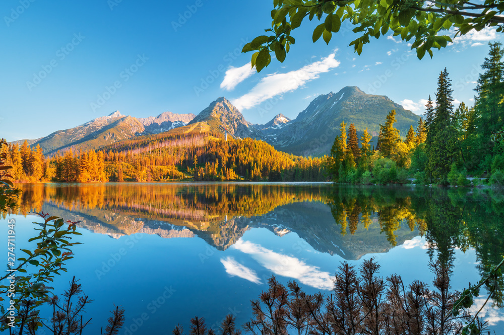 Mountain lake Strbske pleso in National Park High Tatras at sunset, Slovakia, Europe