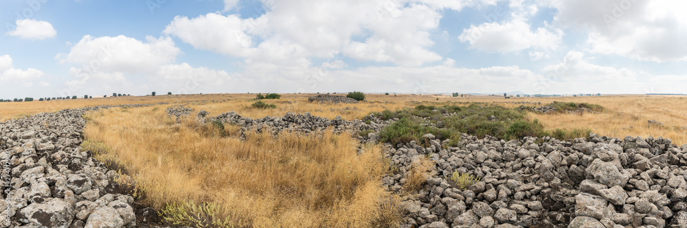 The remnants  of the megalithic complex of the early Bronze Age  - Wheels of Spirits - Rujum Al-Hiri - Gilgal Rephaeem - on the Golan Heights in Israel