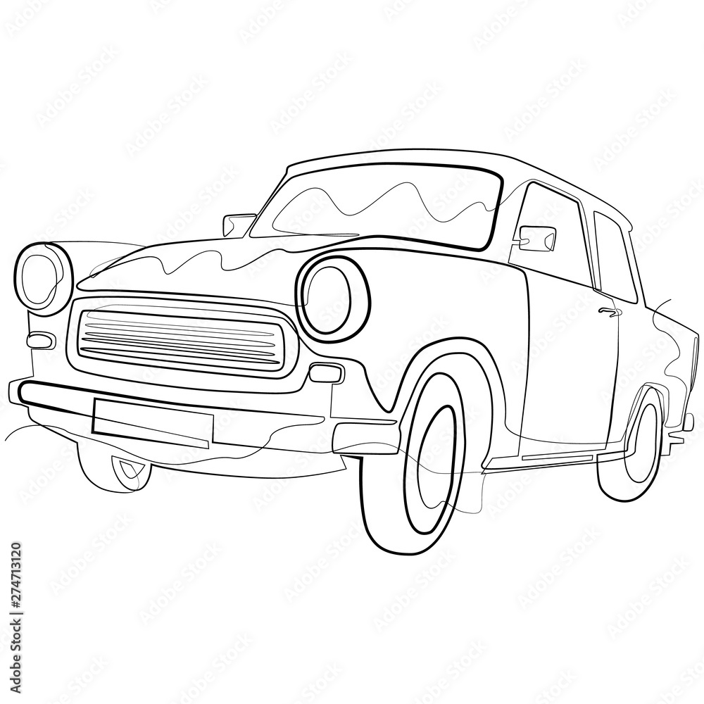 Classic Car one line drawing. Continuous line Vintage Oldtimer Vector Logo