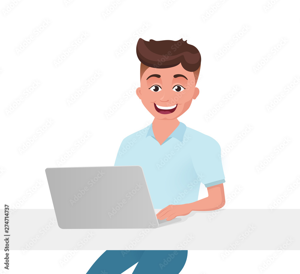 Man, boy uses laptop to search for information on the Internet and communicate. Male character isolated on white background. Man, boy uses laptop to search for information on the Internet and communicate. Male character isolated on white background.