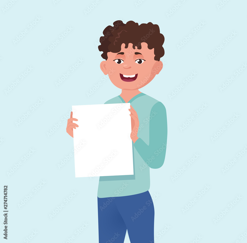 Boy, student presents an idea. Male character with paper document isolated on blue background. Boy, student presents an idea. Male character with paper document isolated on blue background.