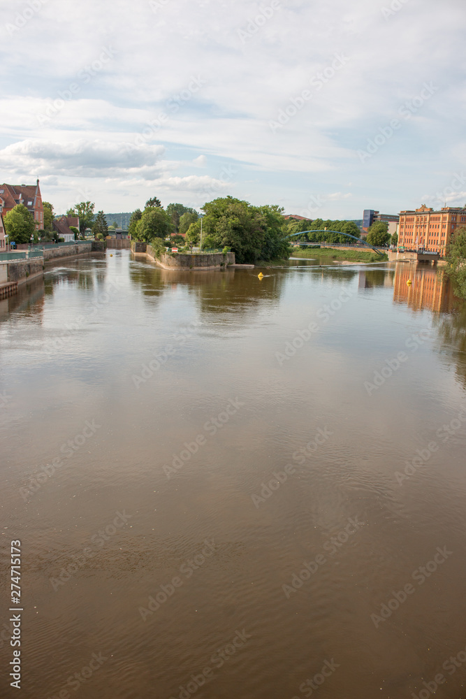 River Weser from the Münster bridge (Münsterbrücke) with the little island Hameln Lower Saxony (Niedersachsen)