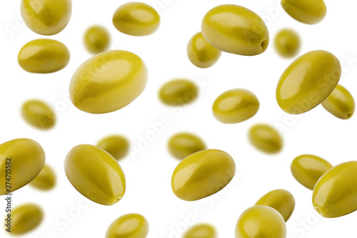 Falling olive isolated on white background, selective focus