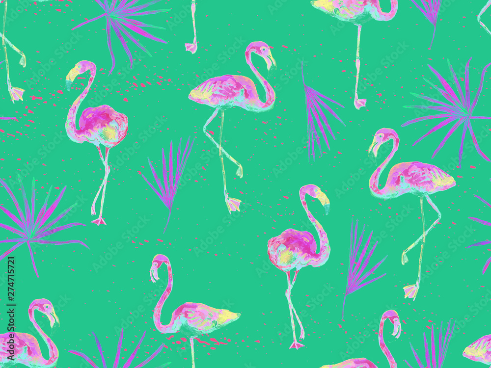 Large flamingo green hawaiian seamless pattern. Large flamingo green hawaiian seamless pattern.