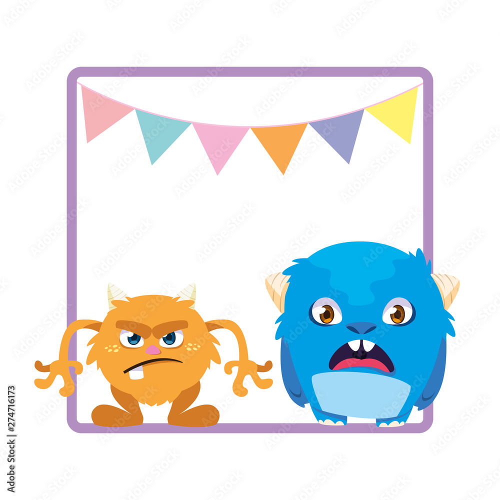 Fototapeta premium square frame with funny monsters and garlands hanging