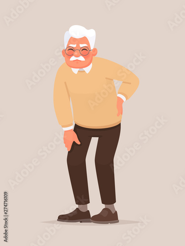 Backache. Grandfather is holding his back. Rheumatism