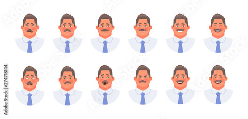 Set of different emotions of a character businessman or office clerk. Emoji mustache man facial expressions