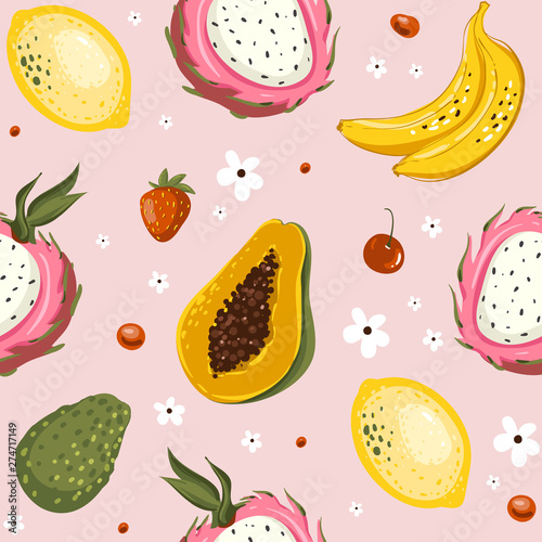 Fototapeta Naklejka Na Ścianę i Meble -  Hand drawn vector cartoon summer fruits. Seamless pattern background with papaya, banana, mango, lime, avocado, strawberry, cherry. Vector EPS10