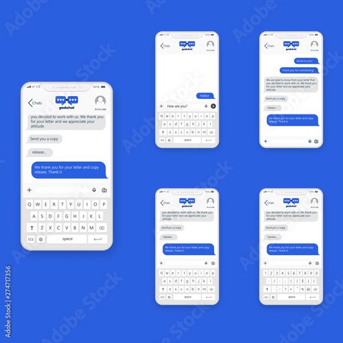 Mobile application with chat interface to communicate on a realistic mockup phone. Mobile ui design vector concept on blue background