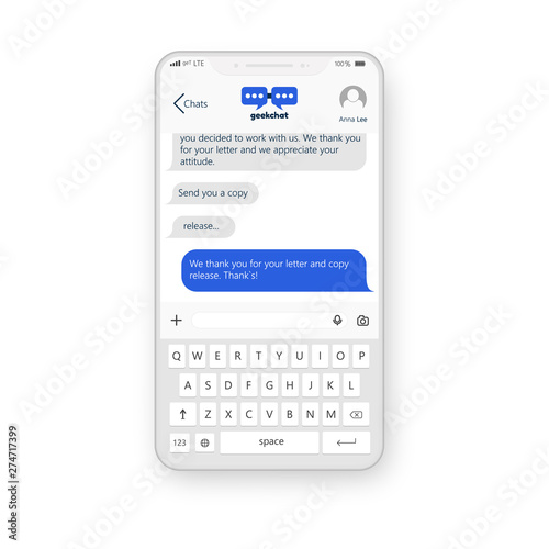Mobile ui design application with white chat interface to communicate on a realistic mockup phone. Vector illustration concept