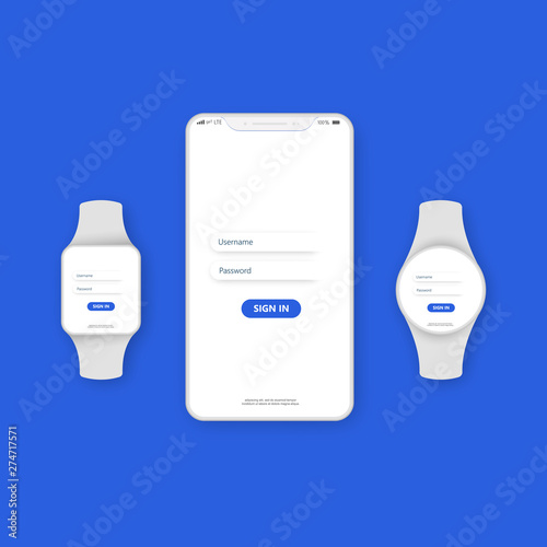 Vector illustration concept of sign up on smartphone screen in application with realistic mockup phone and watch