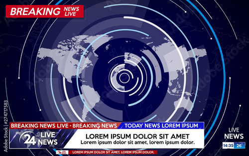 Breaking news live on world map on the blue background. Background screen saver on breaking news.  Vector illustration.