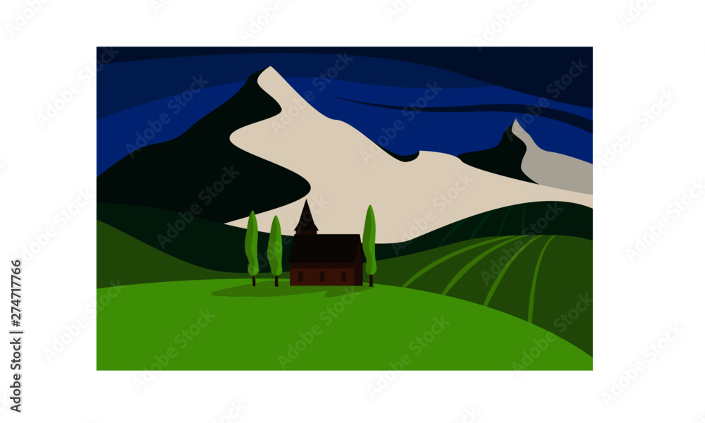 Mountains landscape vector illustration. Flat style European rural landscape with peak, hills, farm field, cypress trees, church. Perfect for posters, prints, flyers, backgrounds.