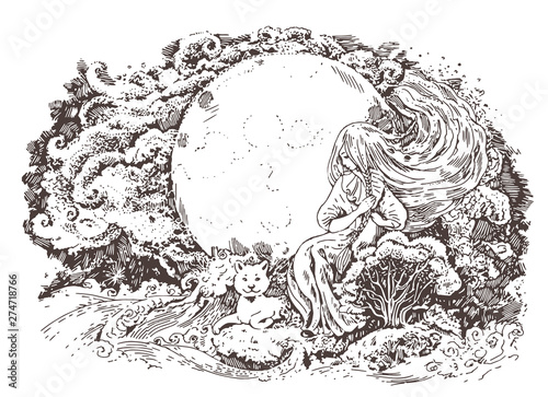Fabuous night, girl combing her hair. Fantasy graphic illustration