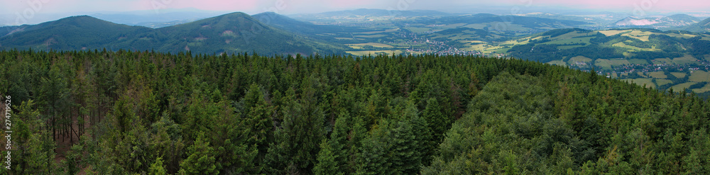 Panoramic view from from the look-out on the summit of Velky Javornik in Beskydy in Czech republic