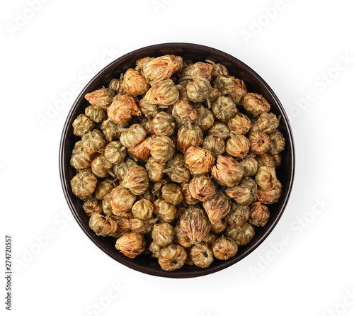 Dried chrysanthemum in a black cup Isolated on a white background. Top view