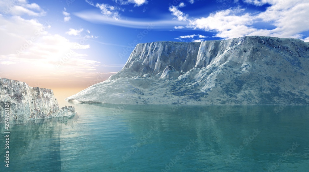 Iceberg in Antarctica, melting glacier, 3D rendering