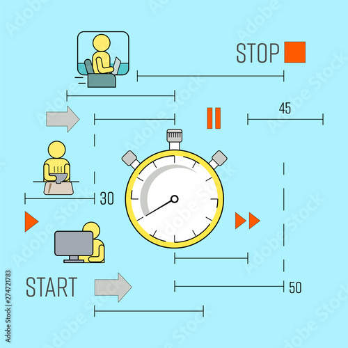 Productive routine concept. Race against time metaphor. The hustle and bustle of daily life. Vector illustration outline flat design style.