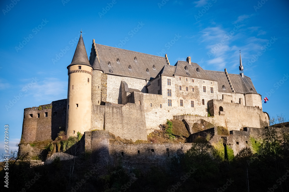 The beautiful medieval castle in Vianden at sunset. Luxembourg