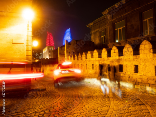 Obraz na plátně Old City, Baku, , Azerbaijan / may, 07, 2019 : View of Old City with the Flame T