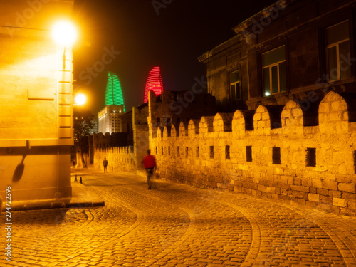 Obraz na plátně Old City, Baku, , Azerbaijan / may, 07, 2019 : View of Old City with the Flame T