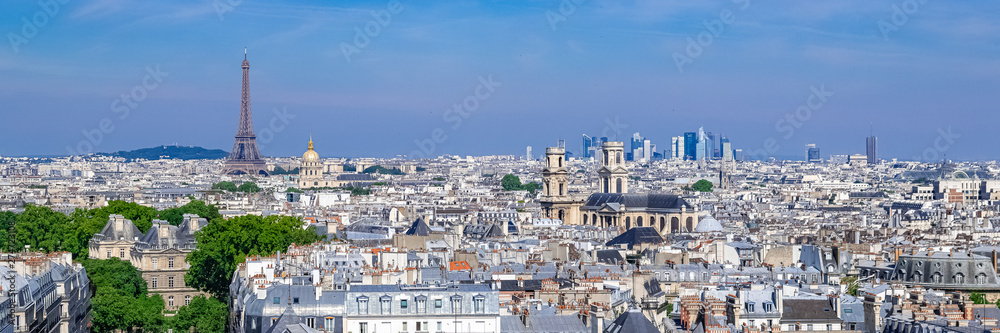 Paris, typical roofs, aerial view with the Eiffel Tower and the Saint-Sulpice church in background 