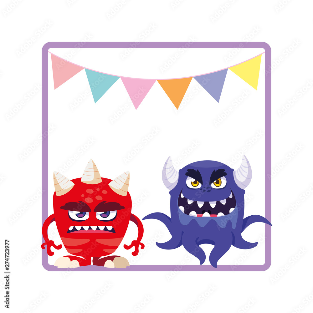 square frame with funny monsters and garlands hanging