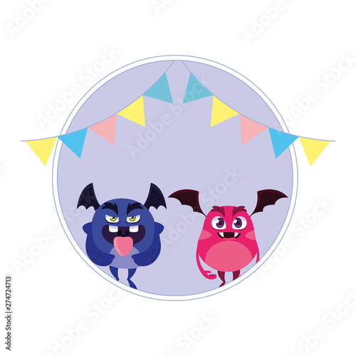 funny monsters with party garlands decoration