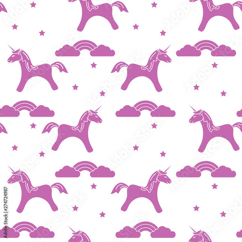 Pattern with magic unicorn, stars, clouds, rainbow