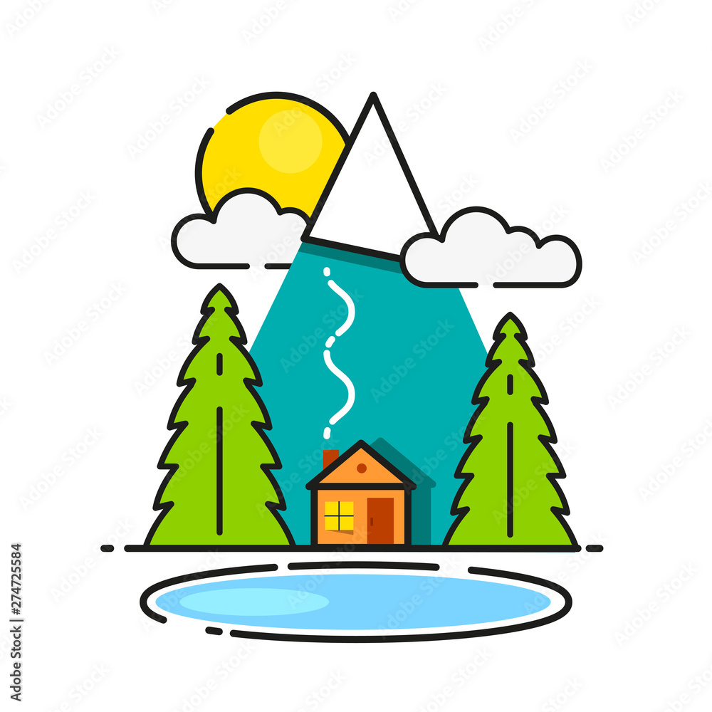 Log Cabin In The Woods Vector Icon Ready For Your Design, Greeting Card