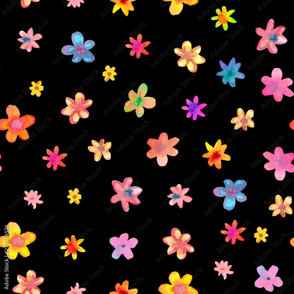 Cute abstract flowers in a seamless pattern. Watercolor colorful pattern on a black background. Perfect for wrappers, wallpapers, postcards, greeting cards, wedding invitations, etc.