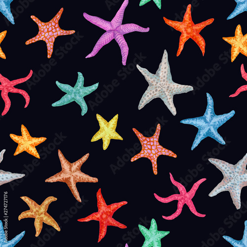 Hand painted seamless pattern. Watercolor vintage ocean background. Original hand drawn illustration. Marine design. Tropical starfish texture.