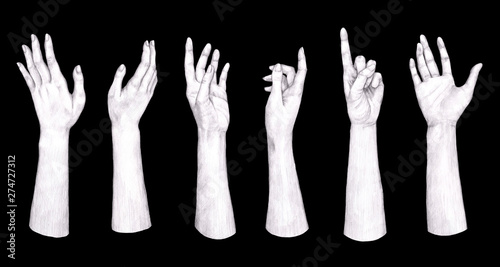 Hand gesture collection illustration, drawing, engraving, pencil, line art. Graphic sketches of human hands. Pencil drawing of three pairs of hands in different poses.