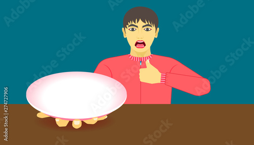 meal recommended. this food is delicious. show your product on dish in the human hand. beautiful color background. vector illustration eps10