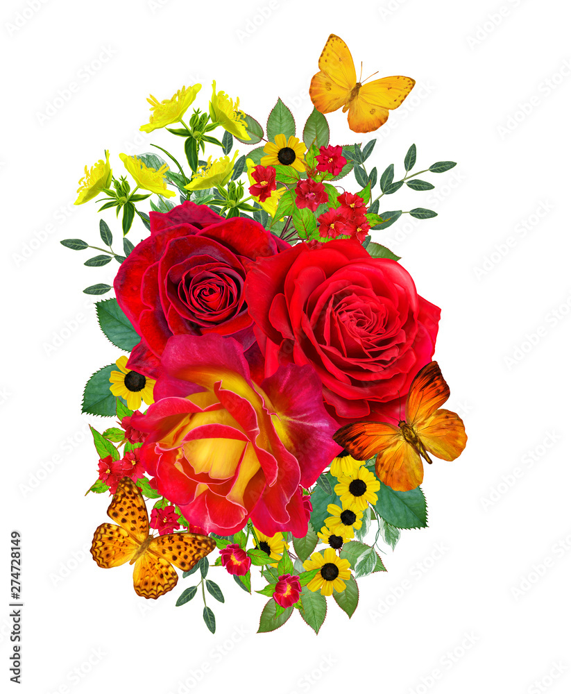 Flower composition. A bouquet of yellow, red, crimson roses, bright little flowers, green leaves, beautiful orange butterflies. Isolated on white background. Flower composition. A bouquet of yellow, red, crimson roses, bright little flowers, green leaves, beautiful orange butterflies. Isolated on white background.